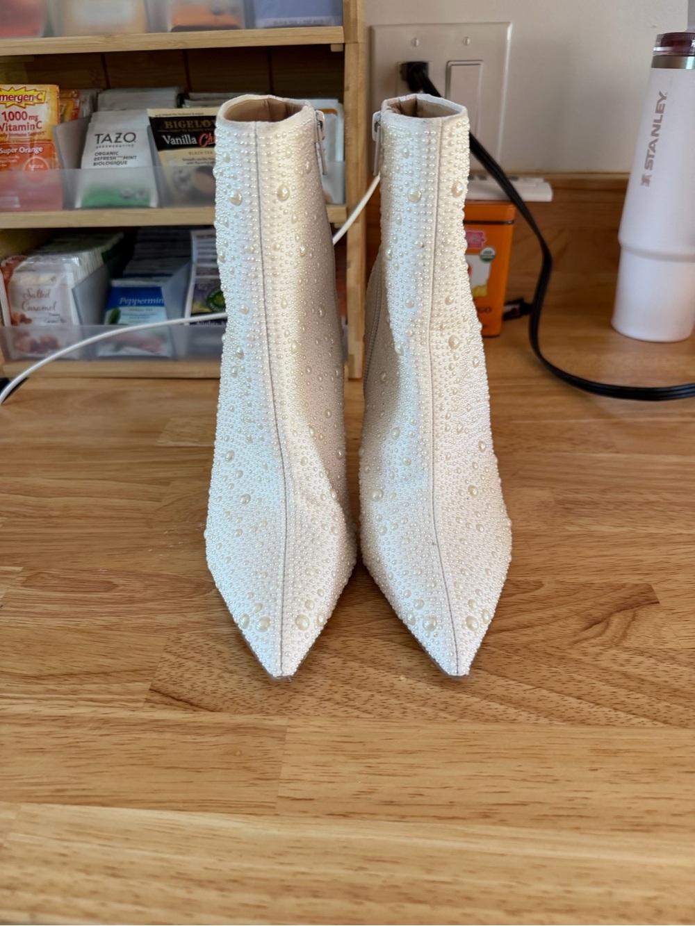 INC International Concepts Ivory Pearl-Embellished Pointed Toe Ankle Boots